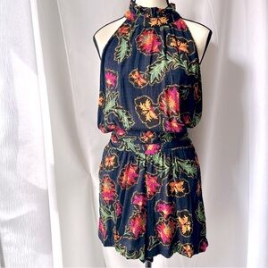 Rachel Zoe High Neck Tropical Romper, Navy/Pink, Size M